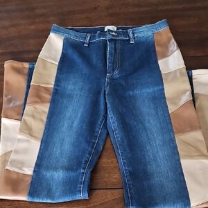 Alice + Olivia Flared Faux Leather Patch Dark Blue Jeans